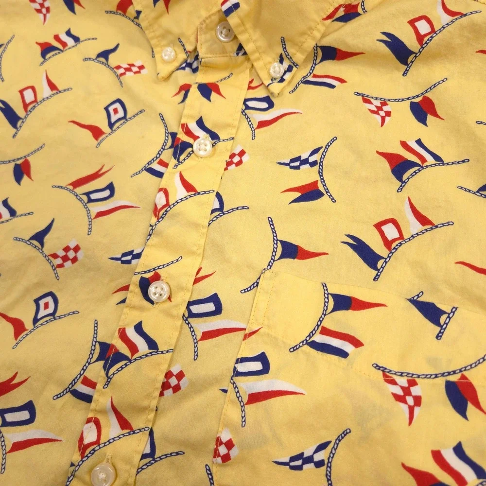 J Crew Shirt Mens S Yellow Nautical Flag AOP‎ Secret Wash Slim Fit Short Sleeve